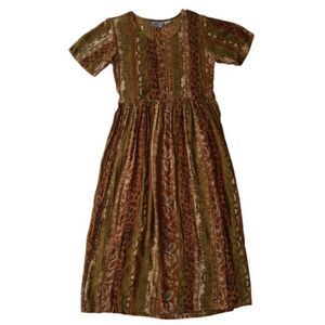 Vintage Select Brown and Green Beaded Floral Animal Print Dress Women's Medium